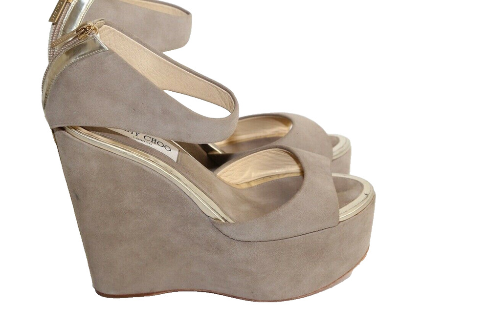 Jimmy Choo Taupe Suede Gold Peep Toe Ankle Strap Platform Wedge Sandals Size 40